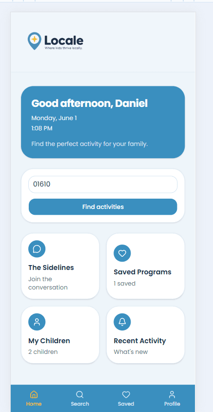 Locale parent app showing the family activity dashboard